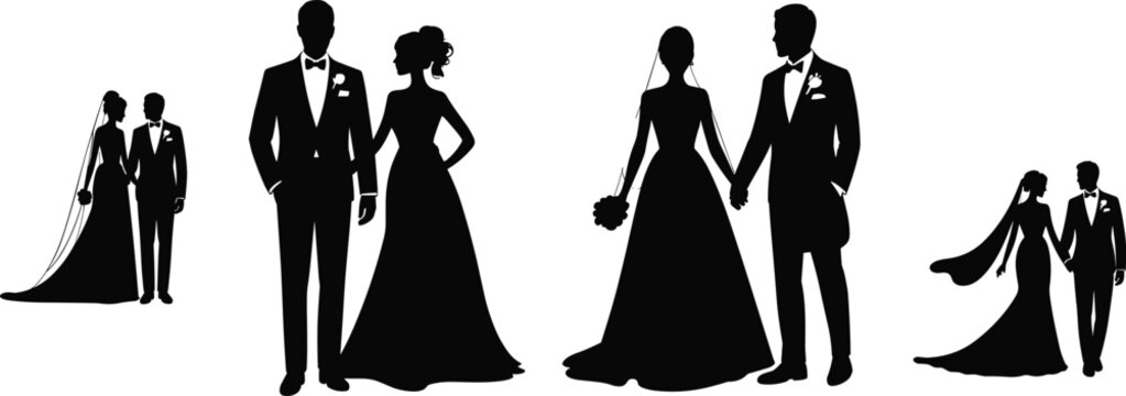 Wedding couple silhouettes, bride and groom, formal attire, elegant gown, tuxedo suit, romantic poses, marriage celebration, unity, love, vector illustration, art
