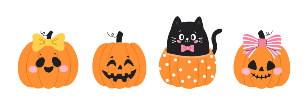 Halloween pumpkin jack o lantern elements. Black cat sitting inside orange polka dot pumpkin pot. Spooky autumn harvest character graphics pack. Isolated vector illustration design artwork