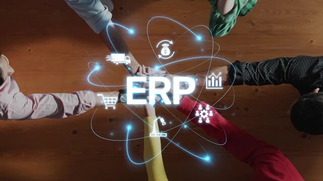 Dynamic visualization of an ERP system surrounded by interactive hands symbolizes collaboration and innovation in modern business environments, enhancing efficiency and productivity. Raster