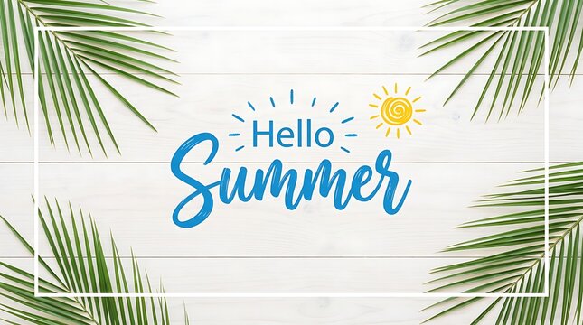 Hello summer text with sun and palm leaves on white wood background, summer vacation and travel concept, seasonal greeting, bright sunny day, horizontal orientation, copy space.