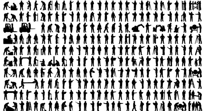 Diverse Workforce Silhouettes: 100+ Human Figures in Action, Construction & Industry Poses, Vector Collection for Business Concepts