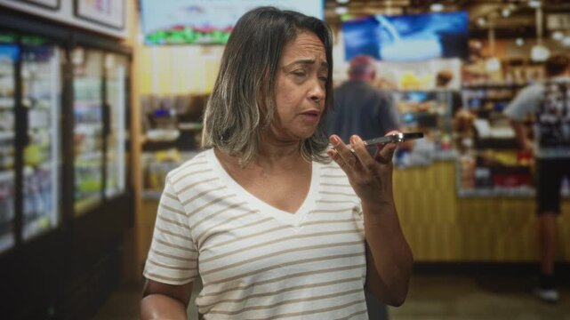 Hispanic woman holding smartphone, speaking on speakerphone with palm up gesture inside building convenience store; concern.