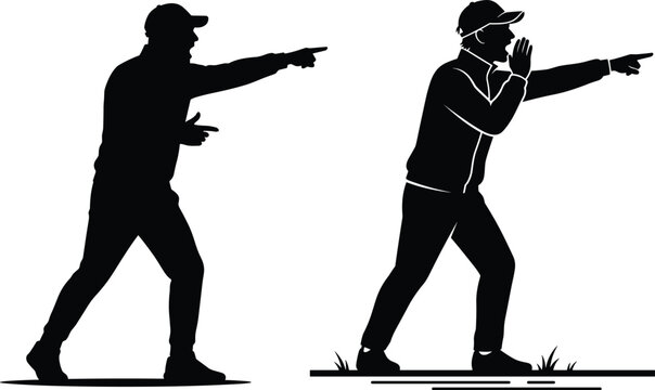 Black silhouette of an angry sports coach wearing a baseball cap shouting loudly and pointing finger forward