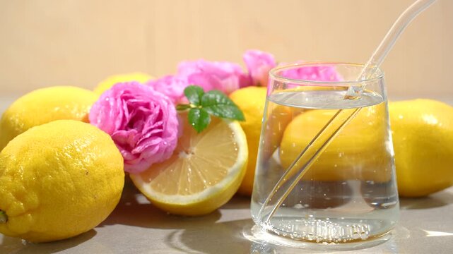 Air bubbles in a water machine, a concept of pure water enriched with vitamins, lemon, and rose