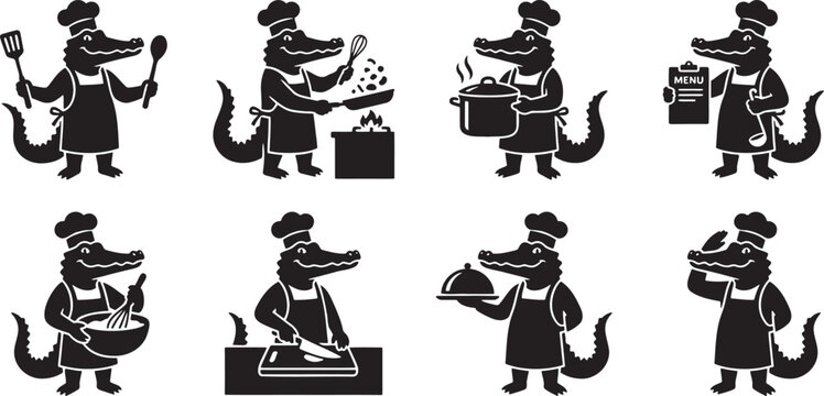 Friendly alligator and crocodile characters working as professional chefs
