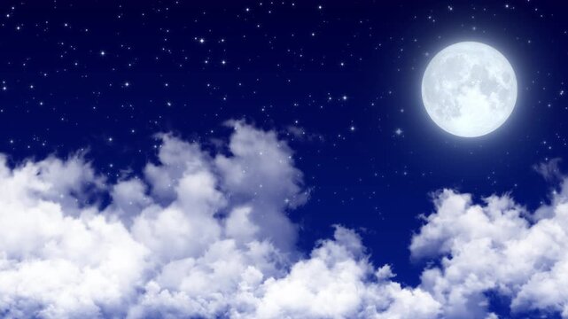 full moon and starry night sky landscape with clouds meditation motion background,glowing and shiny stars relaxing social media design element