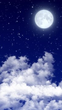 full moon and starry night sky landscape with clouds meditation motion background,glowing and shiny stars relaxing vertical social media design element