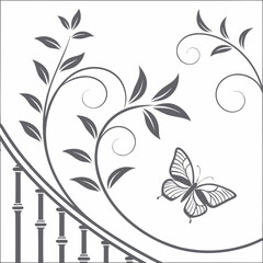 Fototapeta premium Butterfly and floral swirls with staircase railing design butterfly ornament staircase botanical monochrome