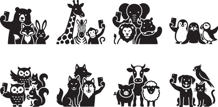 Cute groups of wild animals taking a selfie silhouettes