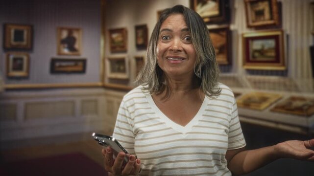 Hispanic middle age woman holding smartphone, right hand raised in expressive gesture, smiling and speaking while standing among framed paintings in gallery building; amused curiosity.