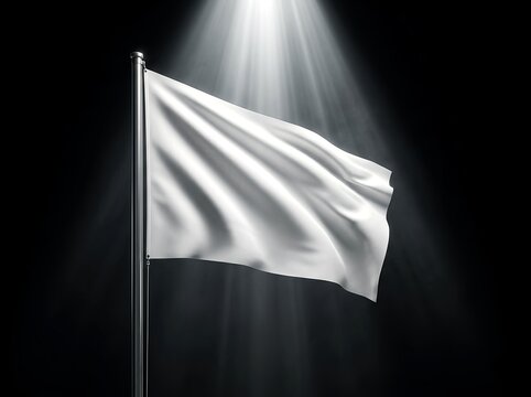 White flag waving. End of war, surrender, defeat, ceasefire, peace negotiations, humanitarian resolution, reconciliation, and hope after conflict. For global affairs, international diplomacy, military