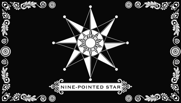Very beautiful black-and-white engraved vector illustration featuring the NINE-POINTED STAR with precise geometric details and a decorative cultural label reading "NINE-POINTED STAR".