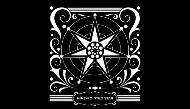 Very beautiful black-and-white engraved vector illustration featuring the NINE-POINTED STAR with precise geometric details and a decorative cultural label reading "NINE-POINTED STAR".