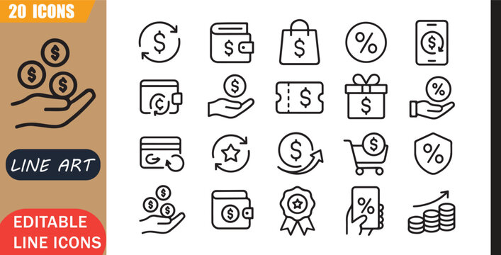 Isolated cashback rewards icons set, 20 editable line art icons set, cashback cashbackreward loyalty, shopping savings money, finance payment benefit, bonus theme style, clean outline vector