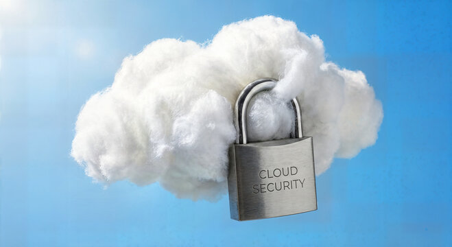 Digital security concept, padlock on fluffy white cloud floating in bright blue sky with sunlit haze, representing cloud data protection.