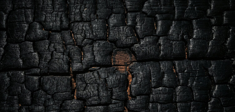 Close up of charred burnt wood surface, cracked texture and deep black charcoal background detail with warm brown wood visible through cracks.