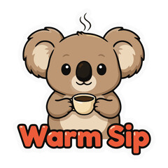 Obraz premium Koala Cartoon Mascot Holding a Steaming Coffee Cup with Warm Brown Fur and Bold Red Warmsip Text Featuring Steam, Hot, Breakfast with Cafe