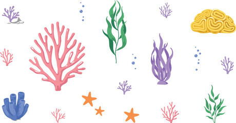 Cute Underwater Coral Reef Vector Element Set with Colorful Seaweed Kelp Brain Coral Sea Anemone Starfish and Water Bubbles Isolated on White Background © MstAkhlima