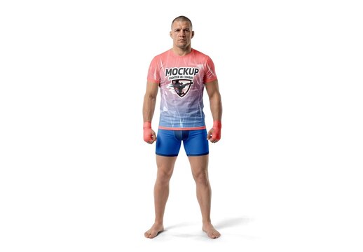 Male Mma Fighter Wearing Tight Fit T Shirt And Shorts Mockup