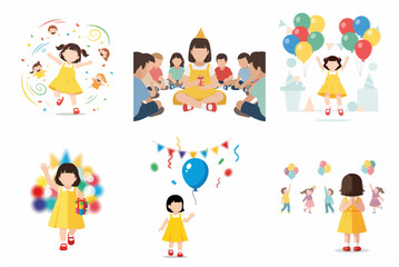 Fototapeta premium Set of vector illustrations featuring a little girl in a yellow dress celebrating a birthday party with friends, balloons, and gifts.