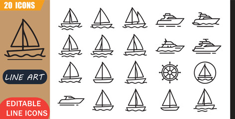 Isolated sailboat yacht icons set, 20 editable line art icons set, watertransport sailboat yacht, marine travel navigation, ocean leisure transport, boating theme style, clean outline vector © MD.Kawsar Hossan