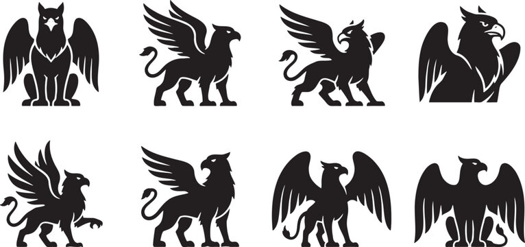 Majestic mythological griffins with wings and talons silhouettes