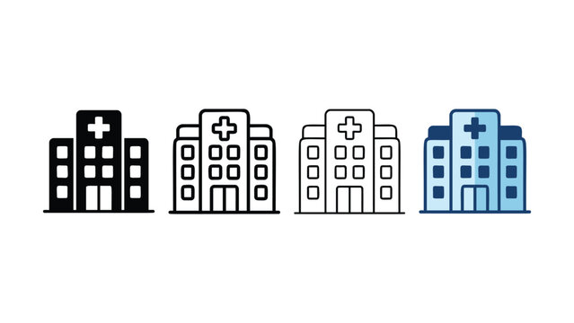 A collection of stylized building icons representing a medical hospital with a prominent cross symbol on the facade isolated on transparent backgrounds
