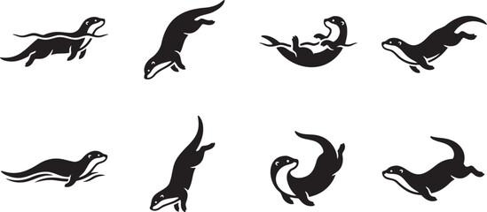 Fototapeta premium Playful otters swimming and diving in water black silhouettes
