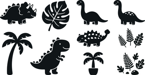 Cute Cartoon Dinosaur and Tropical Foliage Silhouettes Friendly Baby Prehistoric Character Icons  © MirzaAsmaul