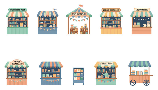 Mobile book fair stalls collection featuring various wooden kiosks for reading vector illustration.