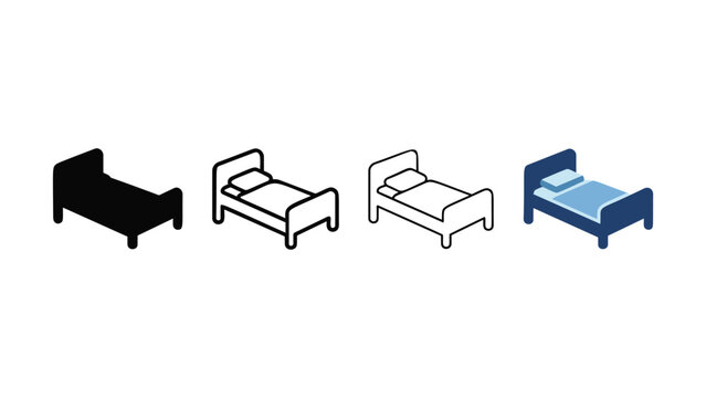 Collection of four different styles of isometric beds including a solid black silhouette outline simple line art and a colored representation