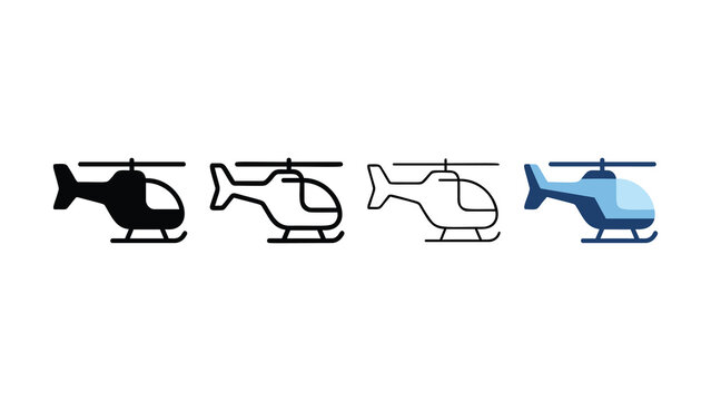 Collection of four different style graphic illustrations of helicopters showing solid fill outline silhouette and flat design representations