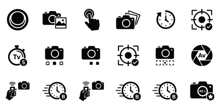 Digital photography camera mode icons and shooting settings interface set vector illustration work.