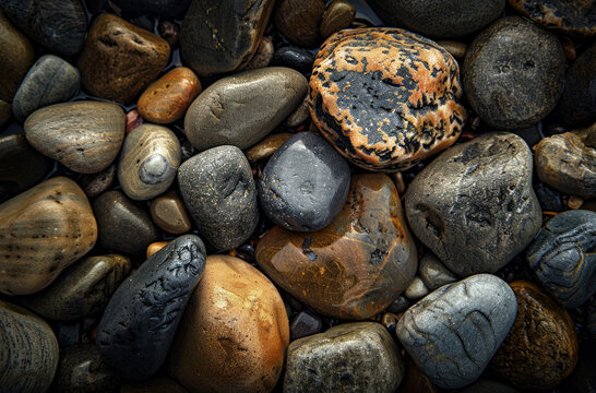 Photo of Pile of grey pebble stones. Background texture for backdrops or mapping