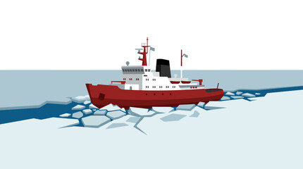 Industrial red icebreaker ship navigating through arctic ice. © Stephanie