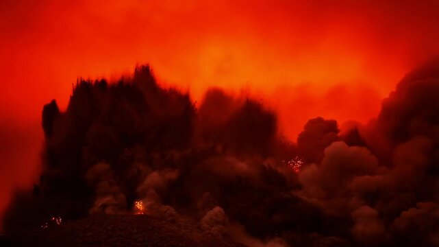 Dramatic volcanic eruption with ash clouds and fiery sparks in motion