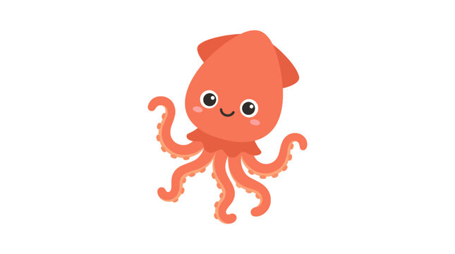 Cute smiling cartoon red squid character with big eyes.