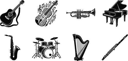 Musical Instrument Silhouette Collection Featuring Guitar Violin Trumpet Piano Saxophone Drums Harp and Flute Icons © Arifa