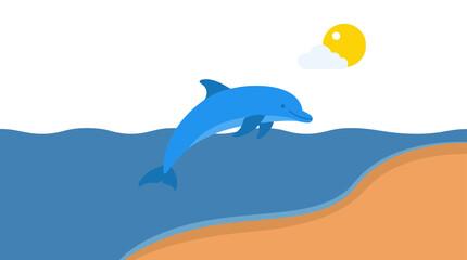 Blue dolphin jumping out of water near sandy beach. © Stephanie