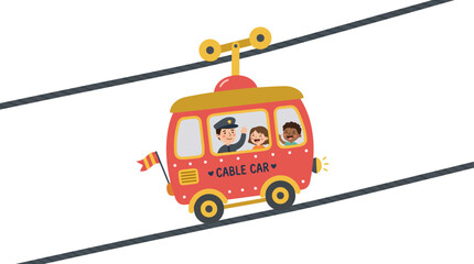 Cartoon red cable car gondola with happy passengers. © Yara