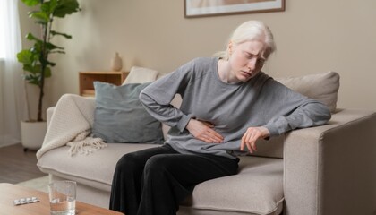 Fototapeta premium Elderly Woman Experiencing Abdominal Pain Sitting on Sofa at Home