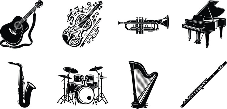 Musical Instrument Silhouette Collection Featuring Guitar Violin Trumpet Piano Saxophone Drums Harp and Flute Icons