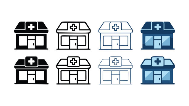 Collection of pharmacy building icons in various styles for medical or healthcare related graphic design needs