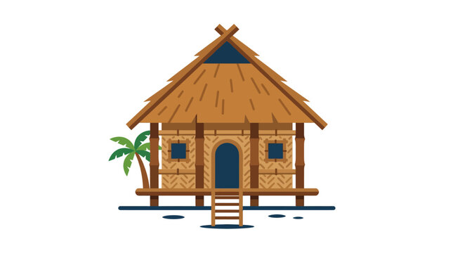 Traditional wooden tropical beach hut on stilts.