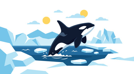 Killer whale jumping out of icy arctic water illustration. © Yusuf