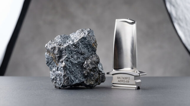 Titanium Metal and Turbine Blade: Educational Science and Aerospace Concept Illustrating Element Ti Applications