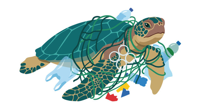 Sea turtle trapped in fishing net and plastic debris.
