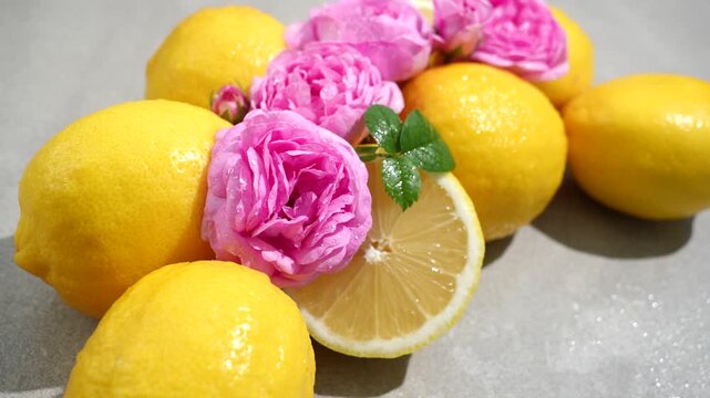 Lemons and pink roses with water droplets, a concept of freshness and purity
