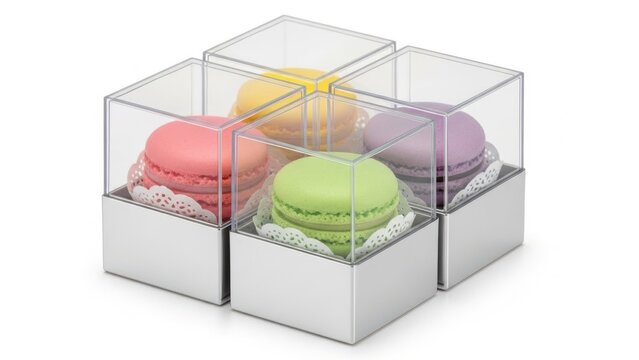 Colorful macarons in clear display boxes