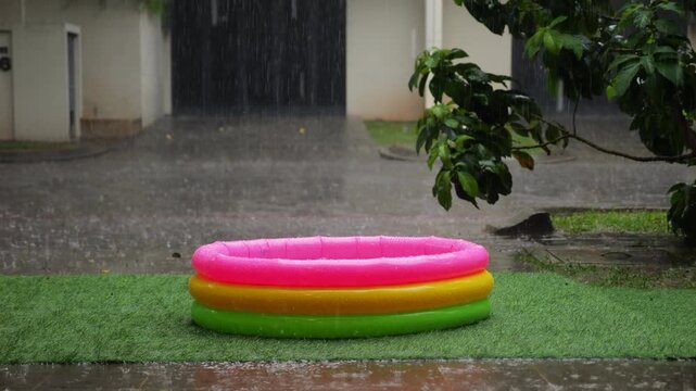 In front of suburban house, inflatable kiddie pool sits abandoned as unexpected tropical rain pours down. Once-inviting surroundings turn wet and soggy at sudden downpour